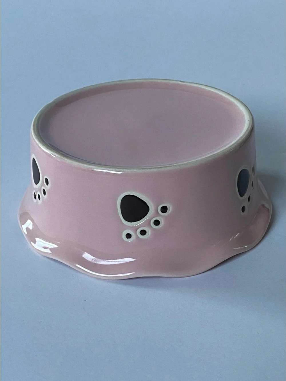 Pink Ceramic Dog Food Water Dish Bowl Stoneware 5” Wavy Edge Paw Prints Bone